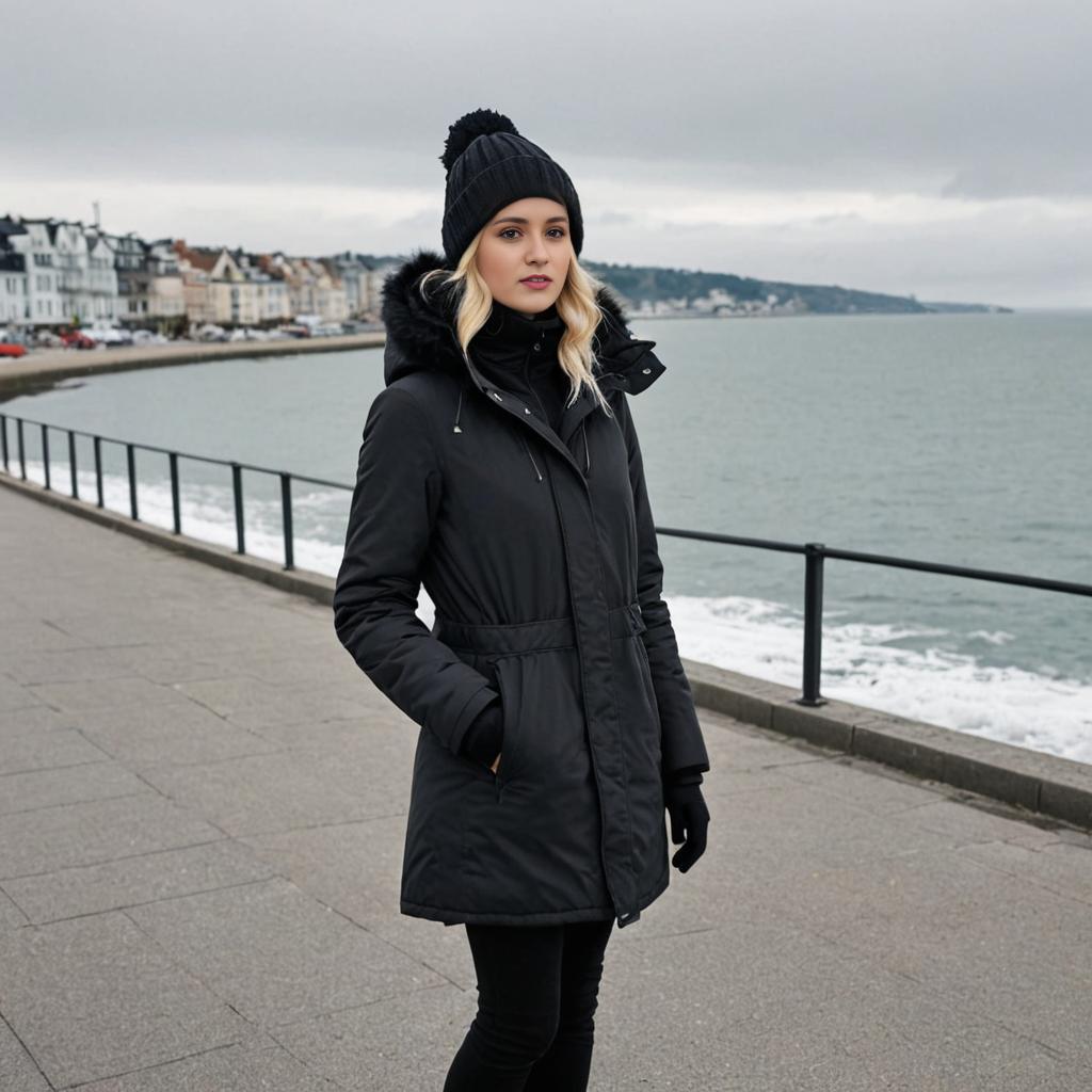 Woman in Winter Attire by Seaside Promenade