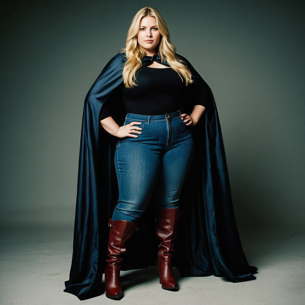 Confident Plus-Size Woman in Black Cape and Jeans