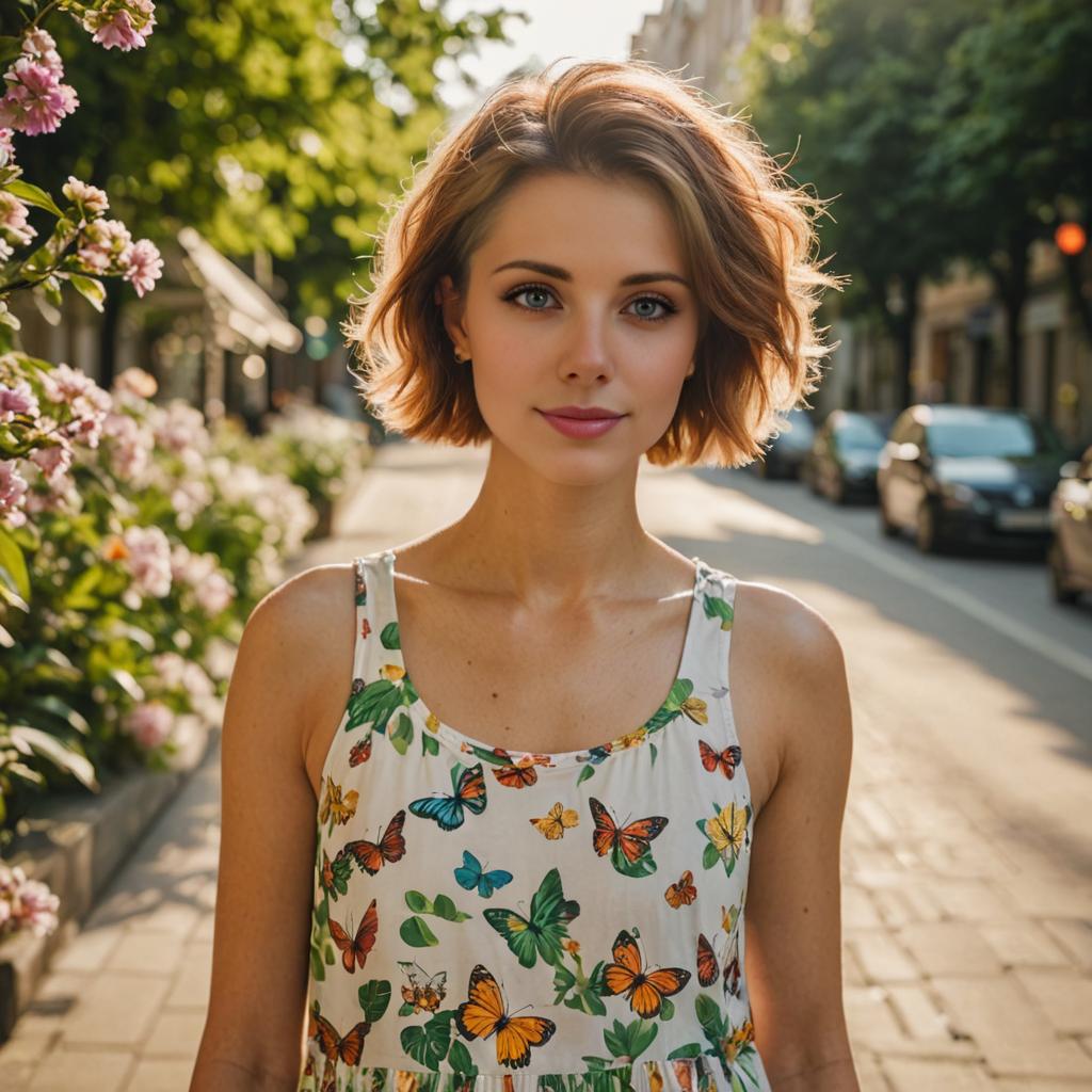 Serene Woman in Colorful Butterfly Dress Against Blurred City Background