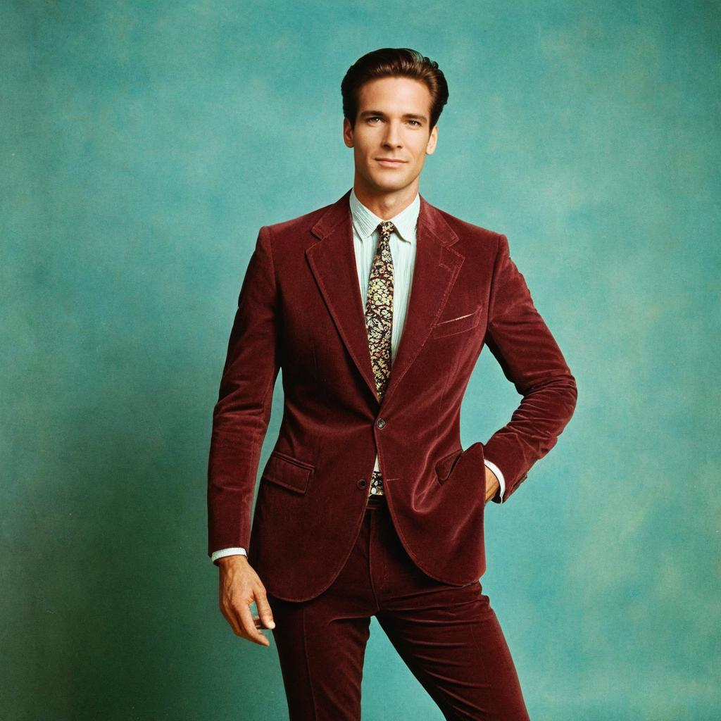 Confident Man in Burgundy Velvet Suit