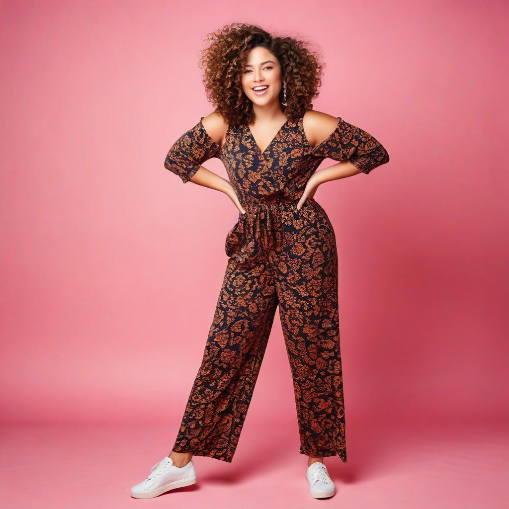 Cheerful Woman in Floral Jumpsuit Against Pink Background Cheerful Woman in Floral Jumpsuit Against Pink Background