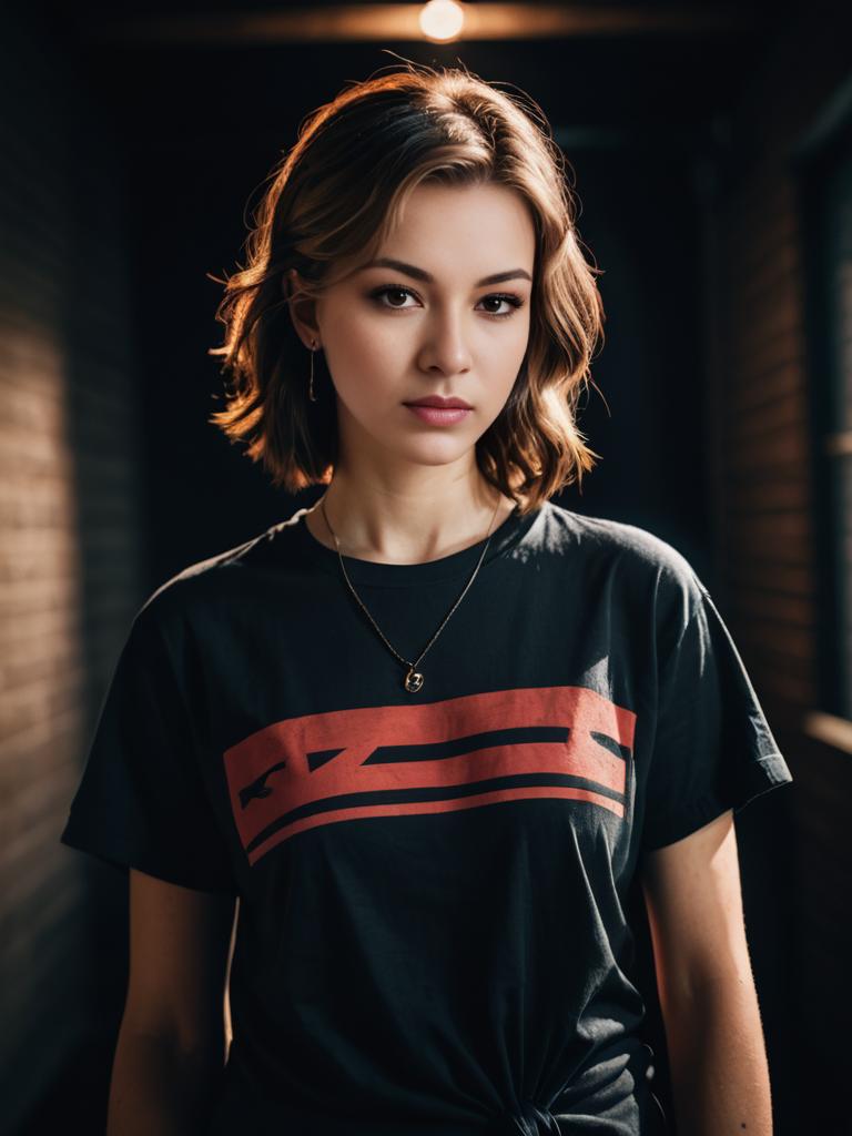 Confident young woman in stylish black t-shirt