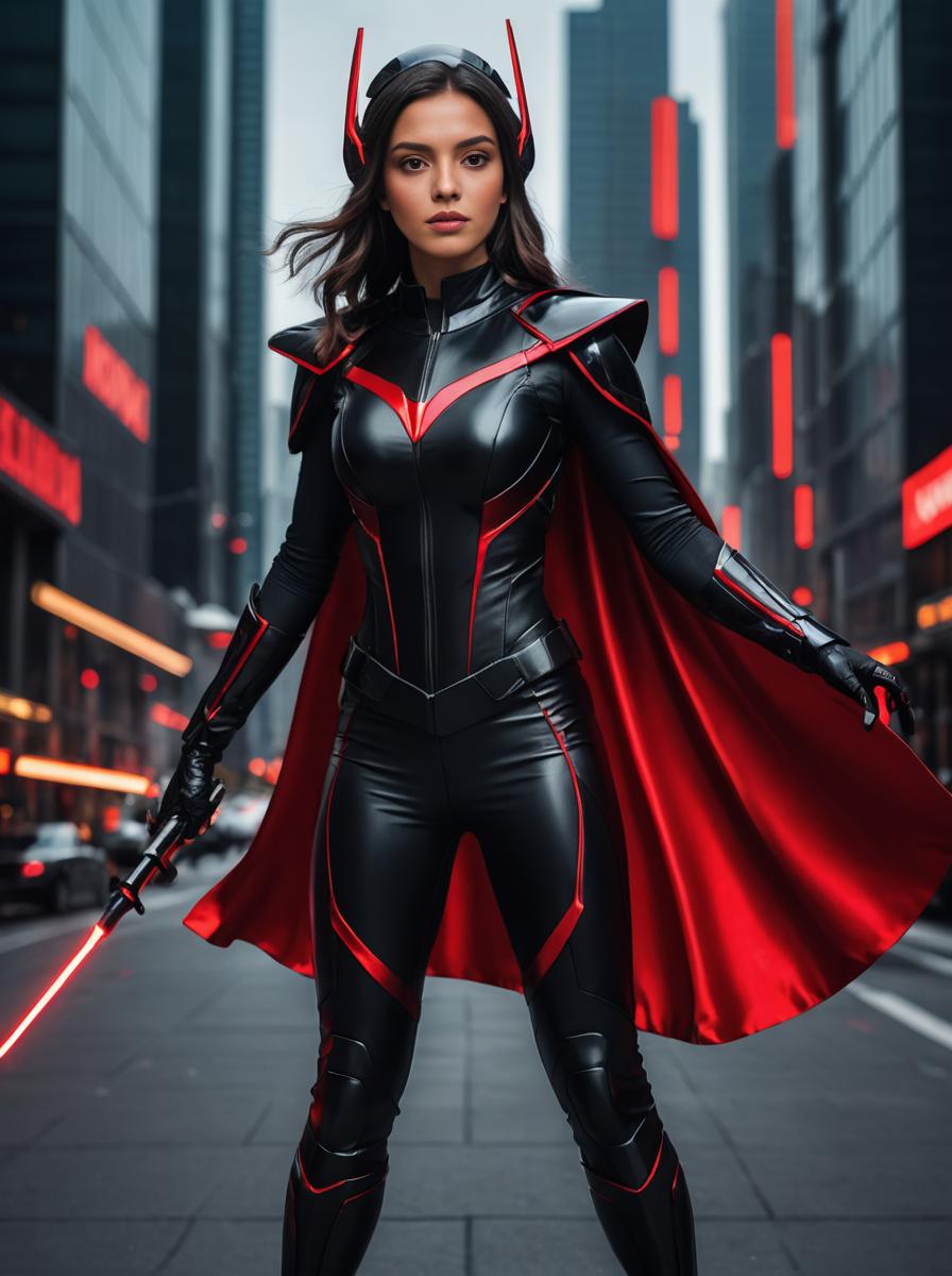 Futuristic Superhero Woman in Urban Setting