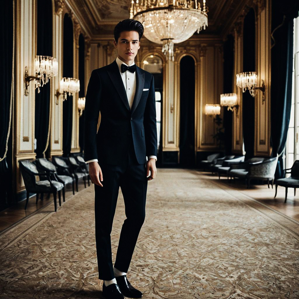 Young Man in Tuxedo at Elegant Ballroom