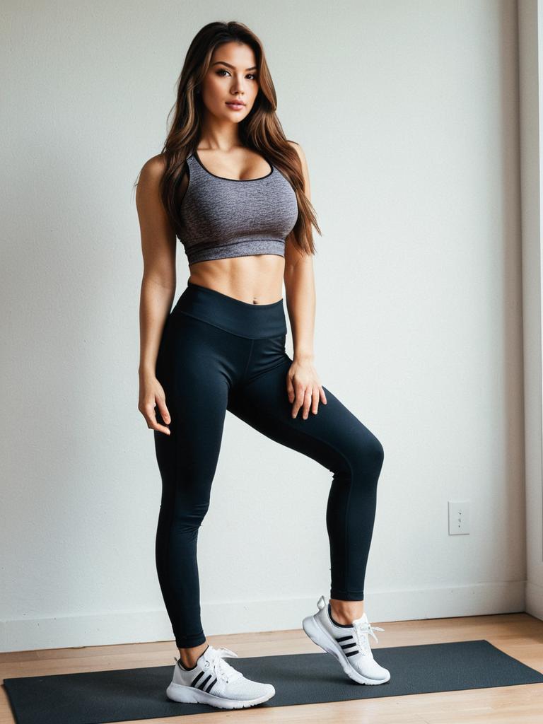 Woman in Compression Leggings and Sports Bra Standing on Yoga Mat Indoors
