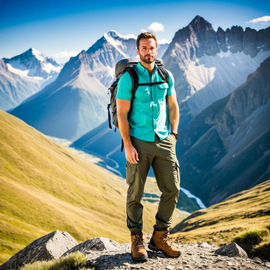 Confident Hiker on Rocky Outcrop with Mountains