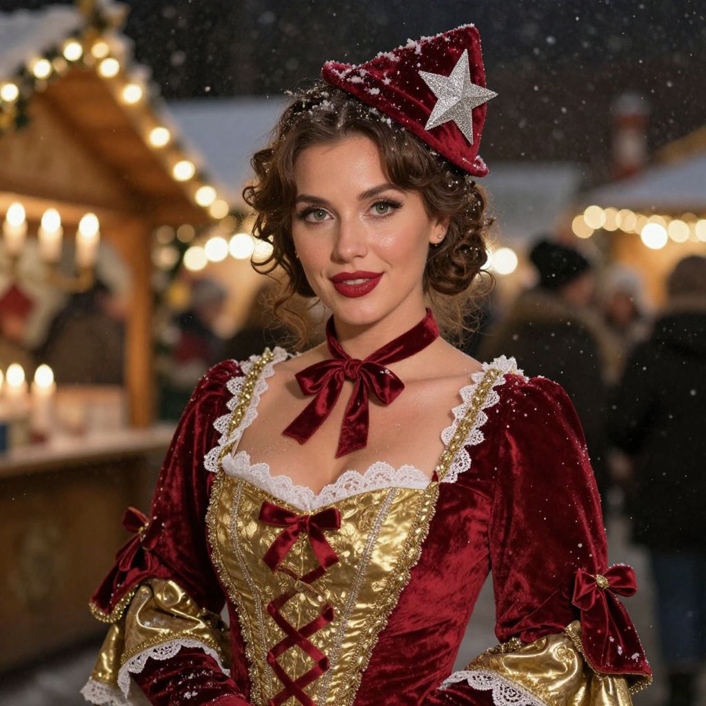 Woman in Vintage Burgundy and Gold Costume at Winter Festival Market
