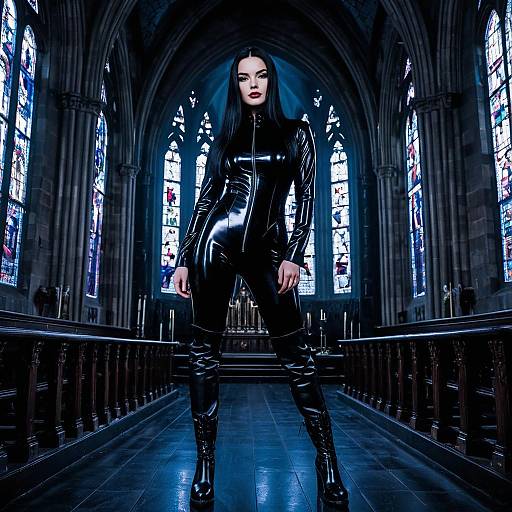 Woman in Black Latex Catsuit Standing in Gothic Church Interior