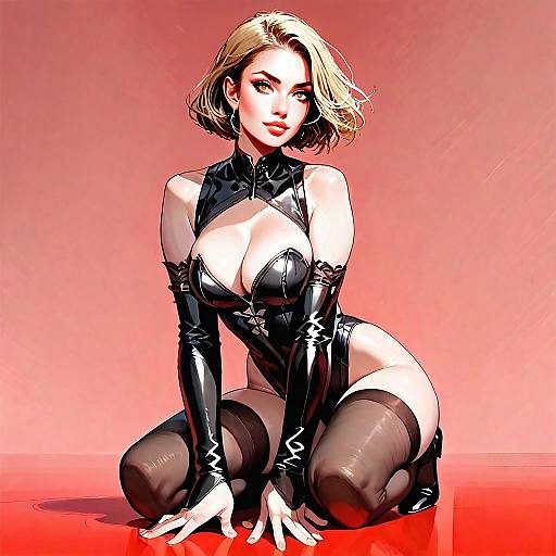Confident Woman in Black Latex Outfit Digital Anime Style Illustration