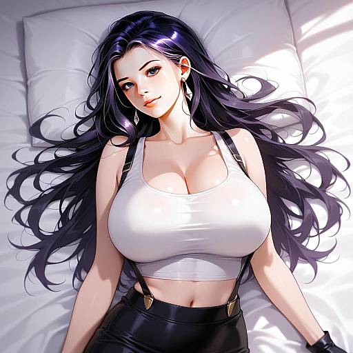 Anime Style Illustration of Woman with Purple Hair in White Crop Top