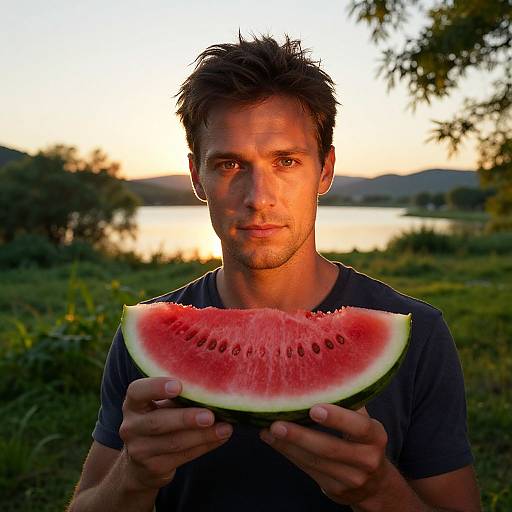 Man Holding Watermelon Slice Outdoors at Sunset by Lake