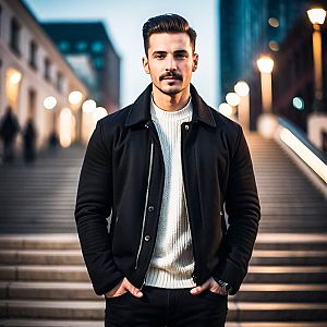 Confident Young Man on Urban Staircase at Dusk