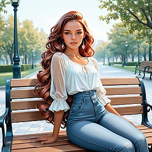 Young Woman in Stylish Outfit on Park Bench