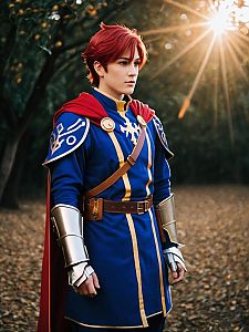 Realistic Man Cosplay Wearing Roy Fire Emblem Costume Outdoors