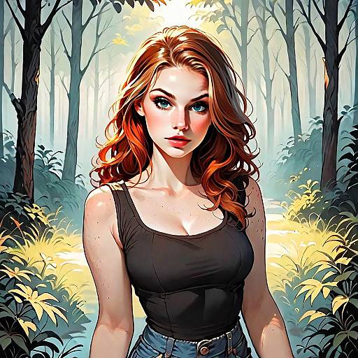 Digital Portrait of Red-Haired Woman in Sunlit Forest