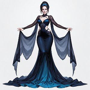 Elegant Woman in Dark Blue Lace Gown