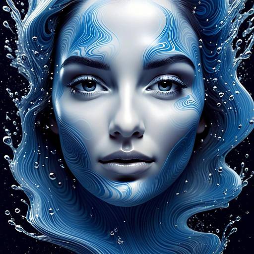 Surreal Woman Portrait with Blue Water Patterns and Fluid Effects