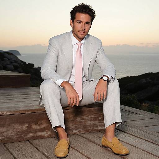 Man in Light Gray Suit with Pink Tie Sitting by Coastal Sunset