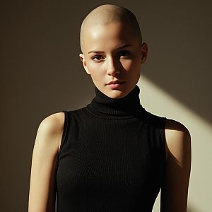 Portrait of a Woman with Shaved Head in Black Turtleneck