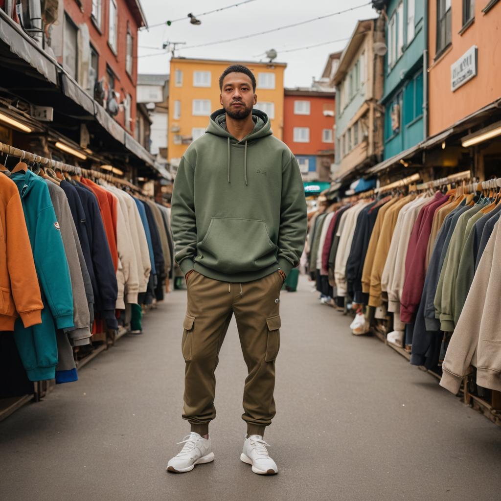 Stylish Man in Artistic Streetwear at Flea Market