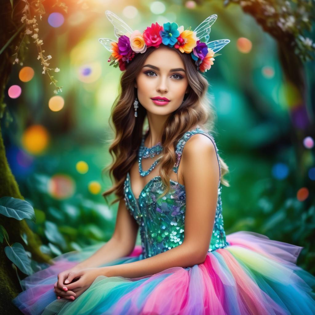 Young Woman in Multicolored Gown in Enchanted Forest Young Woman in Multicolored Gown in Enchanted Forest