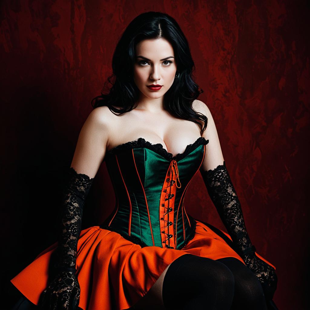 Elegant Woman in Emerald Corset and Orange Skirt Vintage Burlesque Style Portrait