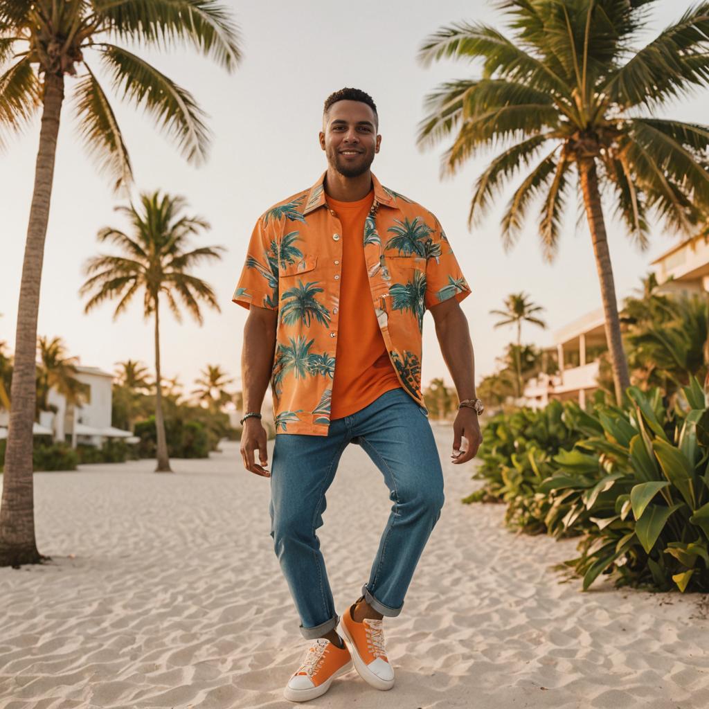 Man in Orange Tropical Shirt at Sunset