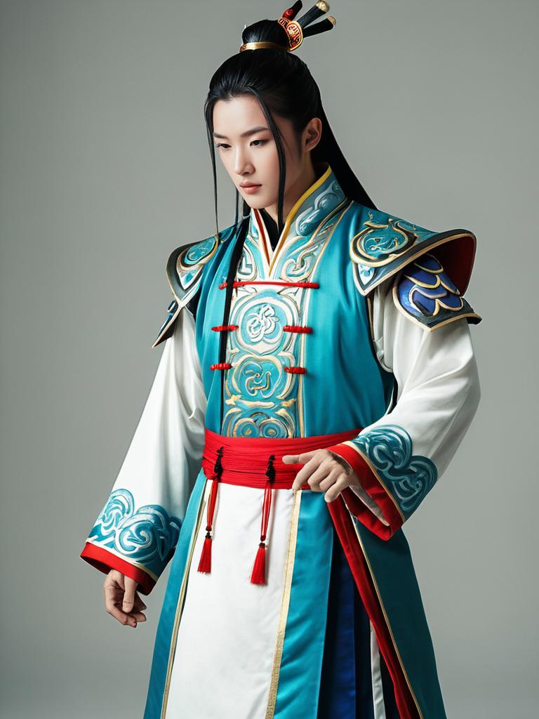 Man Cosplay Wearing Detailed Wei Shen Costume with Traditional Armor