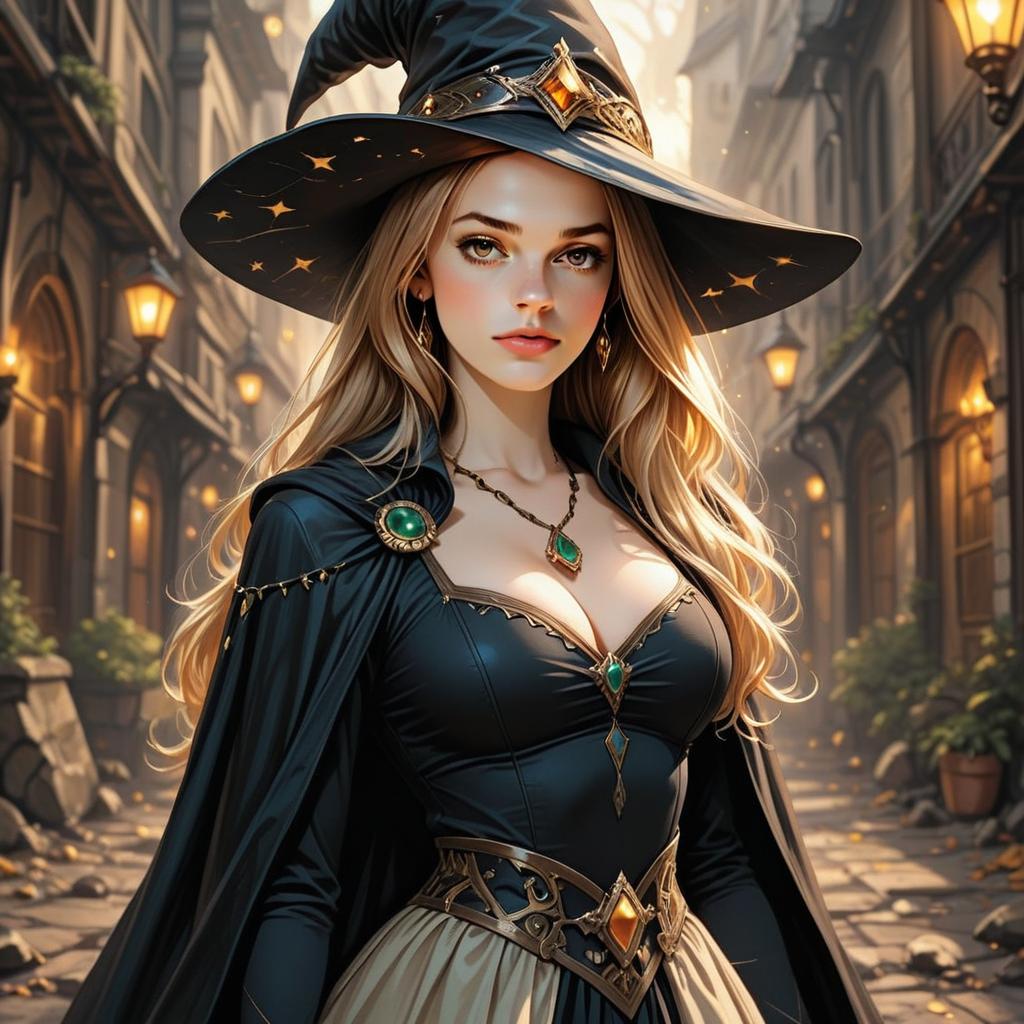 Fantasy Witch in Narrow Street with Lanterns