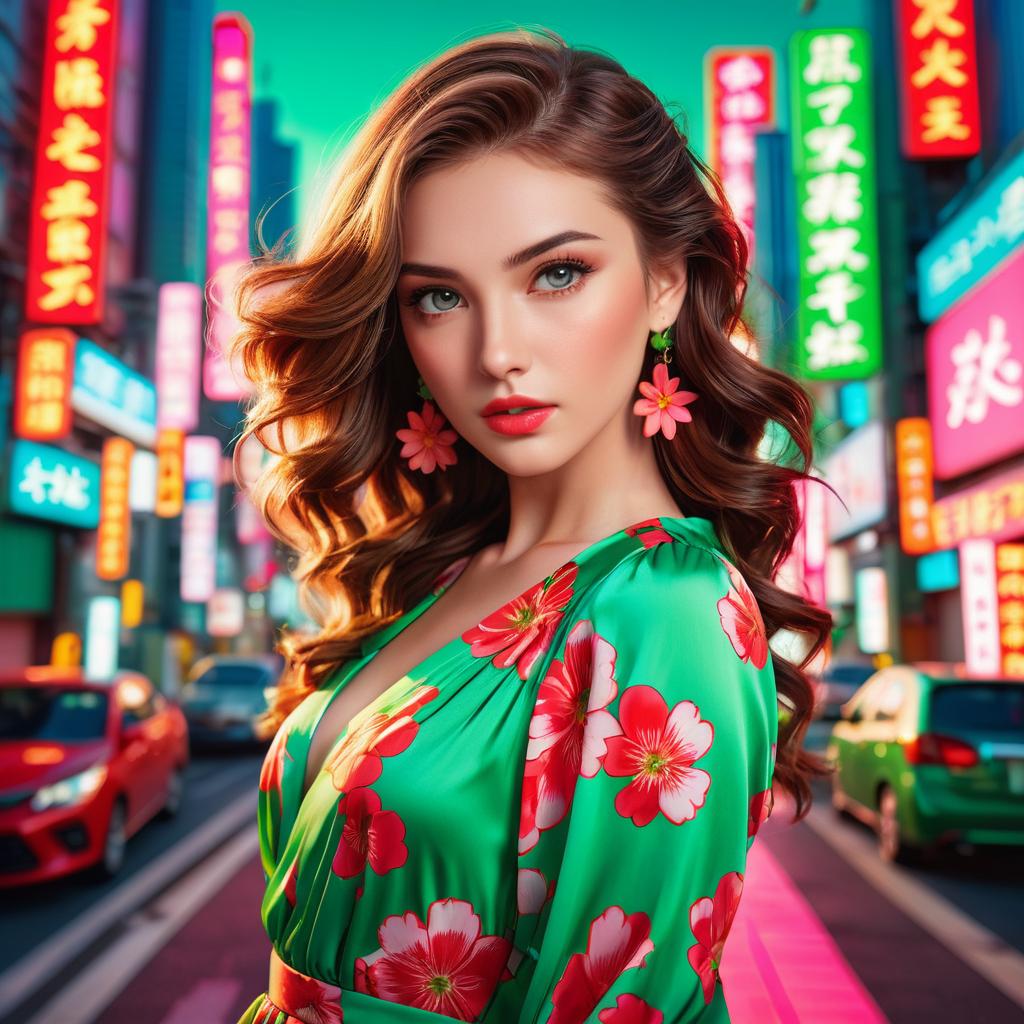 Confident Young Woman in Green Dress on Neon City Street Confident Young Woman in Green Dress on Neon City Street