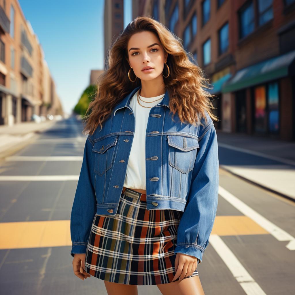 Stylish Young Woman in Denim Jacket and Plaid Skirt