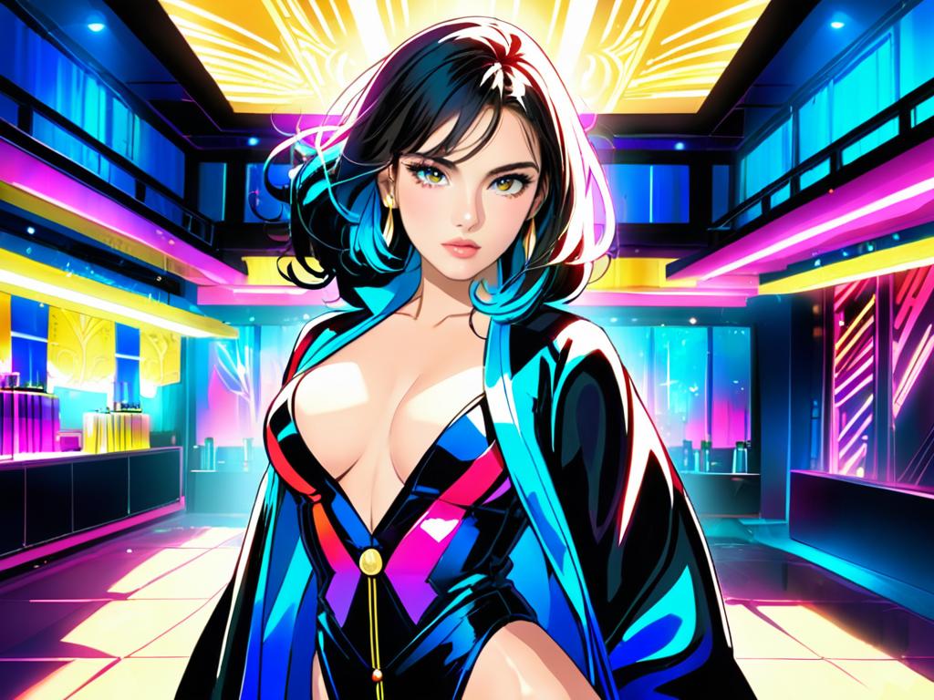 Confident Woman in Neon Futuristic Anime Style