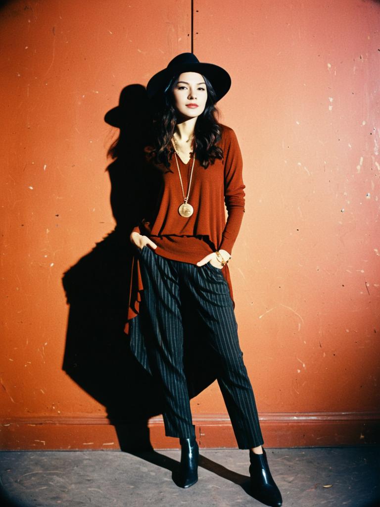Bohemian Casual Brown Asymmetric Tunic Top with Pinstriped Pants and Wide-Brim Hat