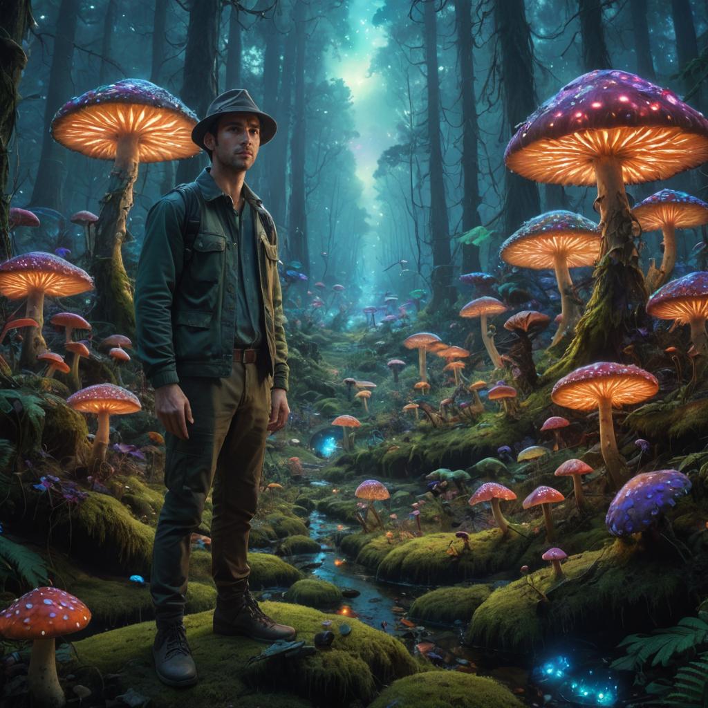 Man in a Vibrant, Bioluminescent Mushroom Forest