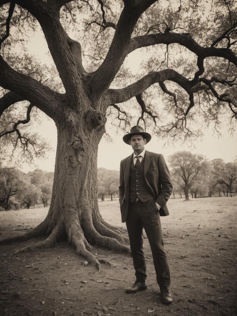 Elegantly Dressed Man Beside Ancient Tree in Sepia Tone