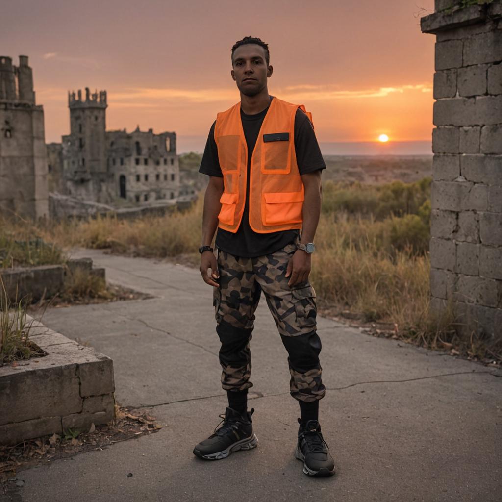 Confident Man in High-Visibility Vest at Castle Sunset