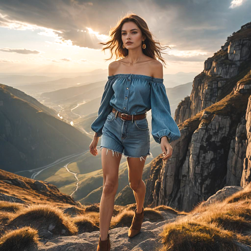 Fashionable woman in denim top at sunset in mountains