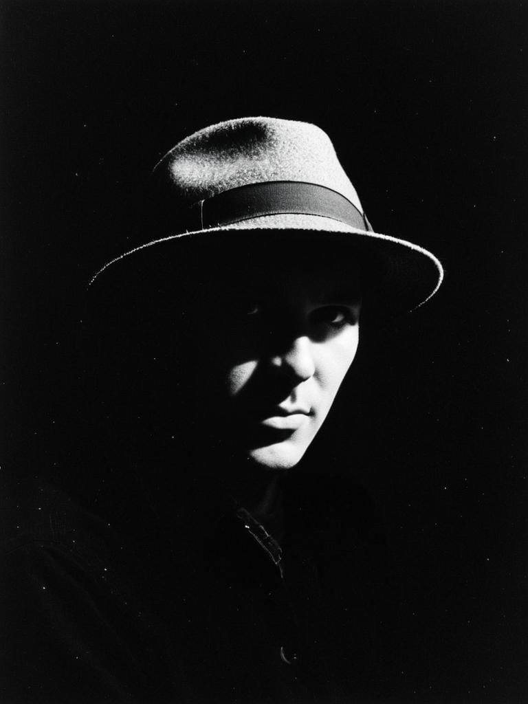 Dramatic Black and White Portrait of Man Wearing Fedora Hat with Cinematic Shadows