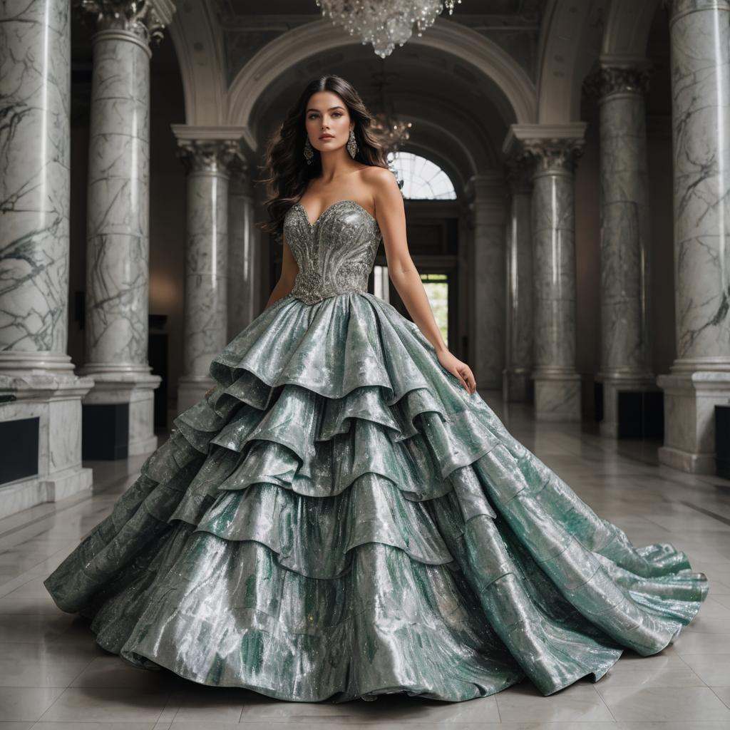 Elegant Woman in Layered Silvery-Blue Ball Gown in Marble Hall