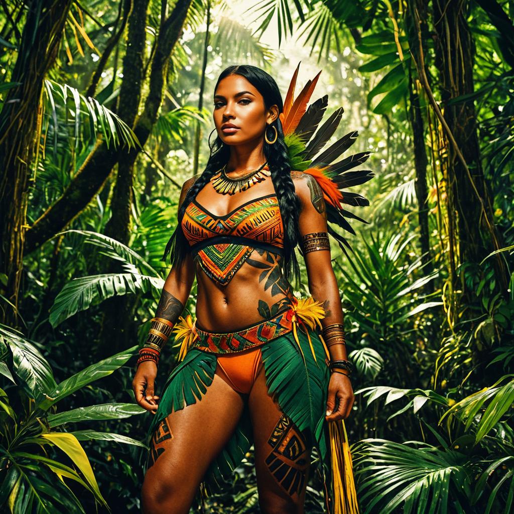 Tribal Woman in Vibrant Costume Posing in Jungle