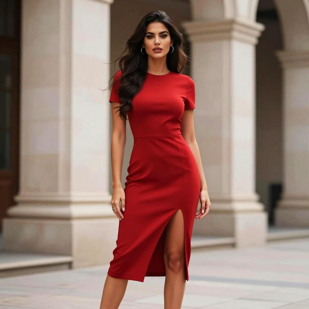Elegant Woman in Red Slit Dress Outdoors with Architectural Background