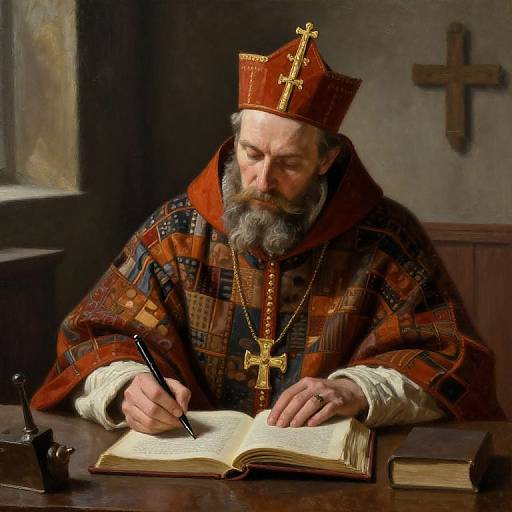 Bishop Writing in Ecclesiastical Robes Religious Portrait