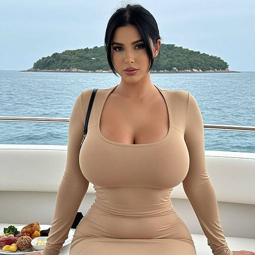 Elegant Woman Sitting on Boat with Island and Ocean Background