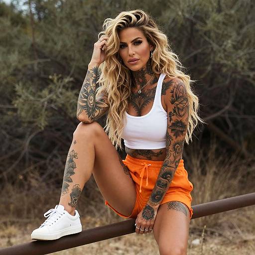 Tattooed Woman in White Crop Top and Orange Shorts Outdoor Portrait