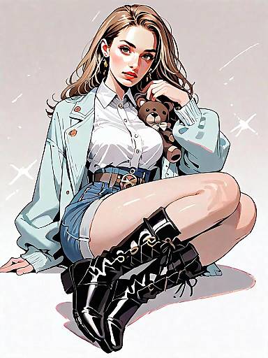 Realistic Comic Style Full Body Portrait of Woman in Casual Fashion with Teddy Bear