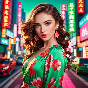 Confident Young Woman in Green Dress on Neon City Street