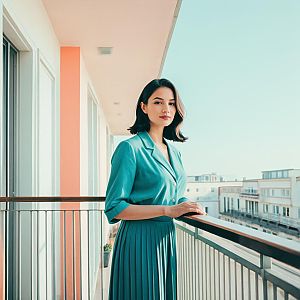 Elegant Woman in Teal Outfit on Modern Balcony