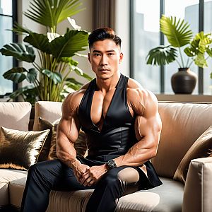 Confident Muscular Man on Beige Sofa