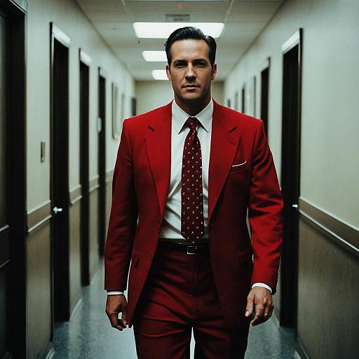 Man in Stylish Red Suit and Tie Walking in Hallway - Vintage Cinematic Style