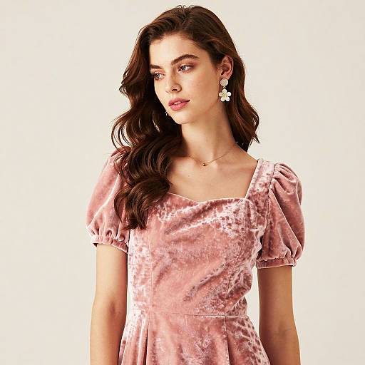 Young Woman in Pink Velvet Dress with Puffed Sleeves and Floral Earrings